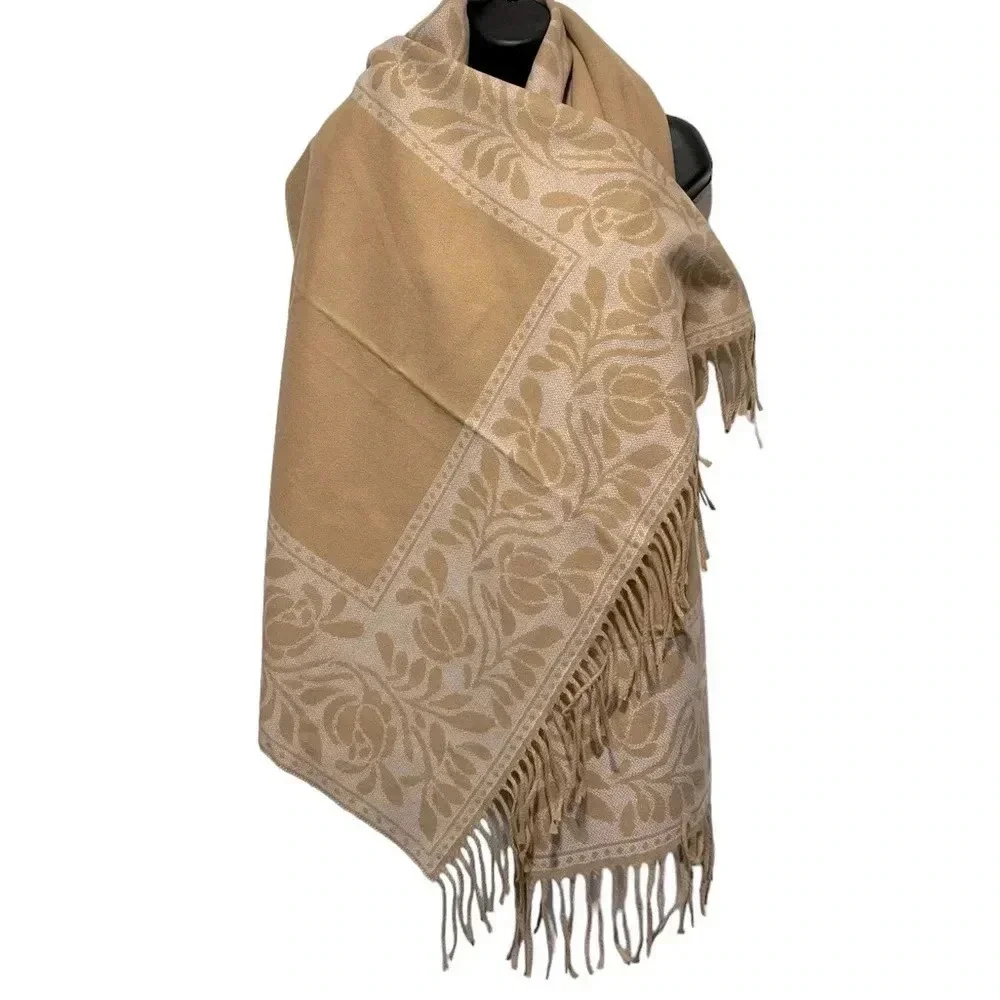 NWT Made in Italy Charter Club Tan Beige Fringe Accent Floral Border Scarf Wrap